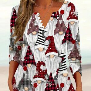 Plus Size Elegant Christmas Gnome Print Top for Women - V-Neck Long Sleeve T